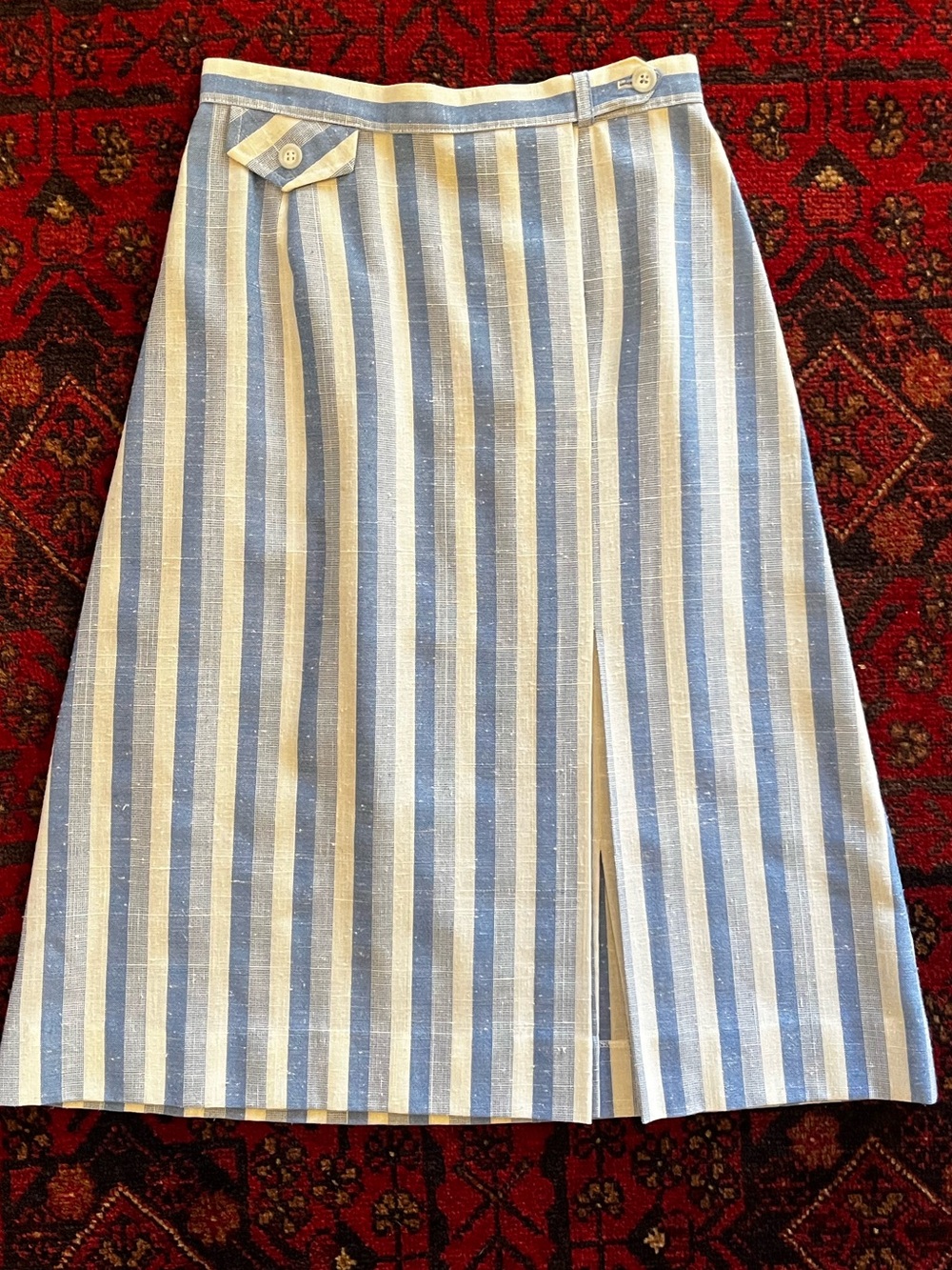Jessica ltd. Blue & White Striped Midi Skirt with Front Slit circa late 70s-80s